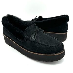 Lucchese Black Suede Shearling Wedge Moccasins